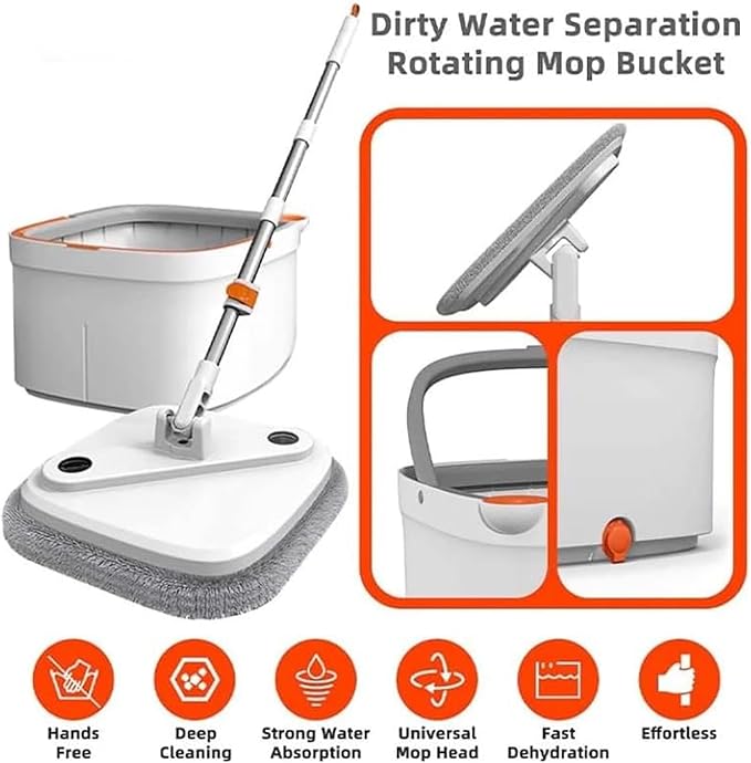 Spin Mop Set Self Wringing 360° Rotating Square Mop Head with Self Separation Dirty and Clean for Hardwood Tile Marble Floors