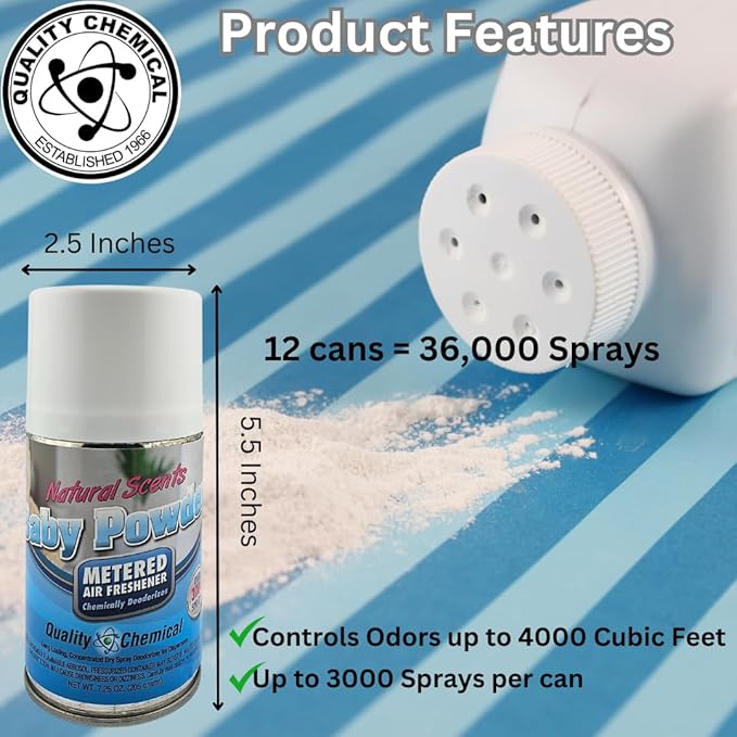Quality Chemical Metered Aerosol Fragrance Refill Can - For Automatic Air Freshener Spray Automatic Refill - Baby Powder 7.25 oz (Pack of 12)