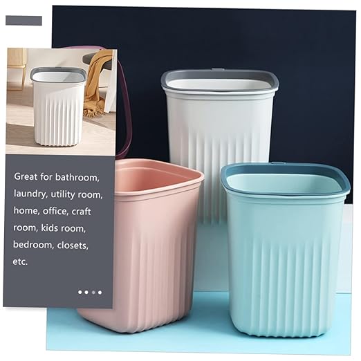 PRETYZOOM 3pcs Small Trash Can Set Simple Design Plastic Waste Basket for Kitchen Office and Home Easy to Use with Pressing Ring Blue Pink and White