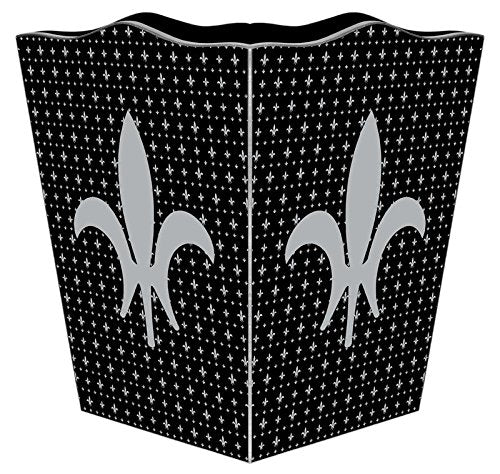 WB1732-Silver &amp Black Large Fleur de Lis Wastepaper Basket