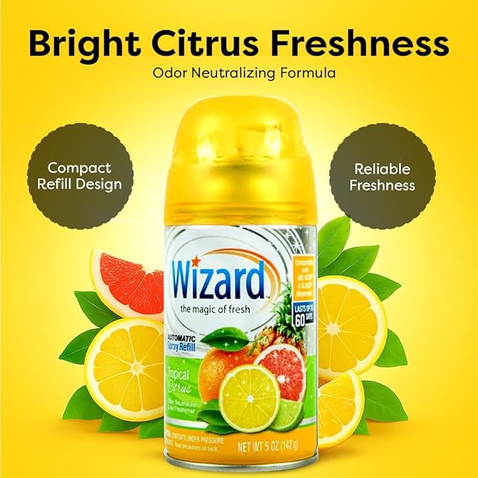 12 WIZARD AUTOMATIC SPRAY REFILLS 5 oz VARIETY PACK 4 EACH TROPICAL CITRUS-FRESH PICKED LAVENDER-APPLE CINNAMON
