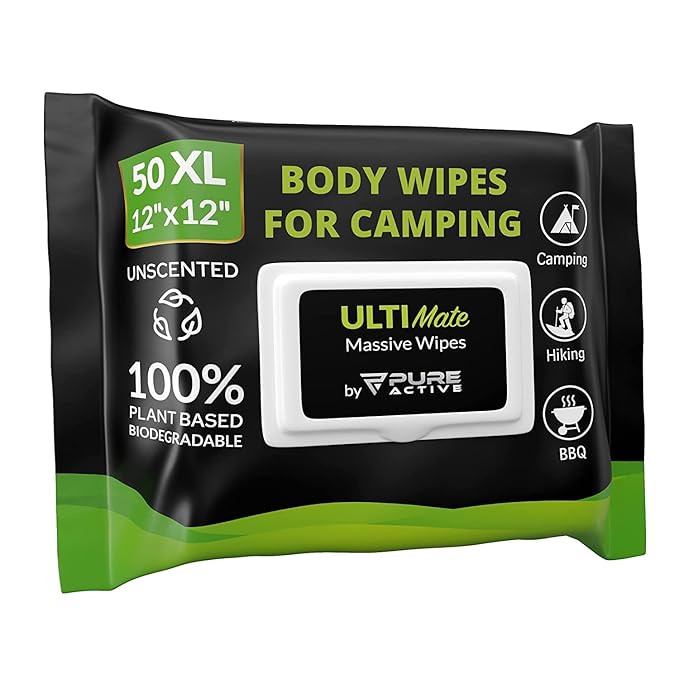 Body Wipes for Camping 50 XXL Camping Wipes 12''x 12'' Shower Body Wipes for Camping Body and Face Wipes Biodegradable Personal Hygiene Body Cleansing Wipes for Women Men Kids Elderly Travel