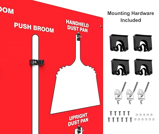 Clean &amp Sweep 5S Shadow Board/Wall Mount Broom Holder 68 x 30 Board 5S Cleaning Station - with Broom and Dustpan Set Included Made in The USA by AccuformNMC Red/White PSB616RDWT