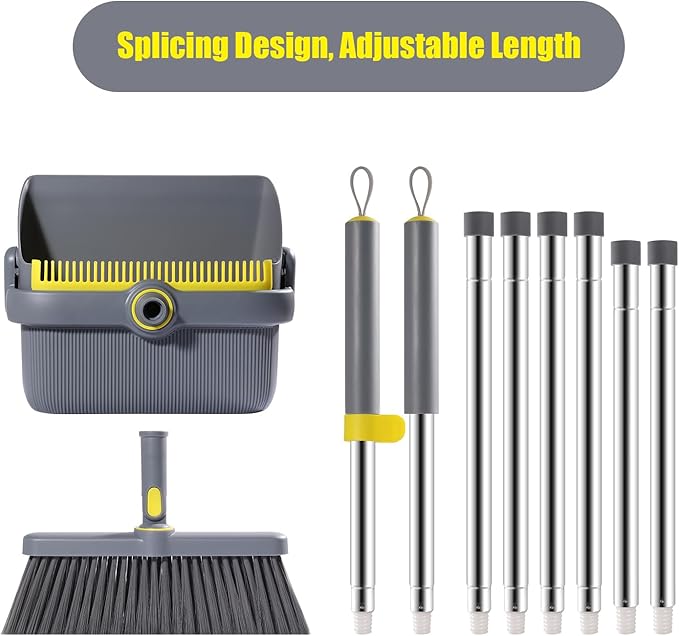 Broom and Dustpan Set with 54 Long Handle Windproof Stand-Up Dustpan &amp Broom Combo with 8-Piece Cleaning Tool Kit for Home Kitchen Office &amp Pet Hair Cleaning