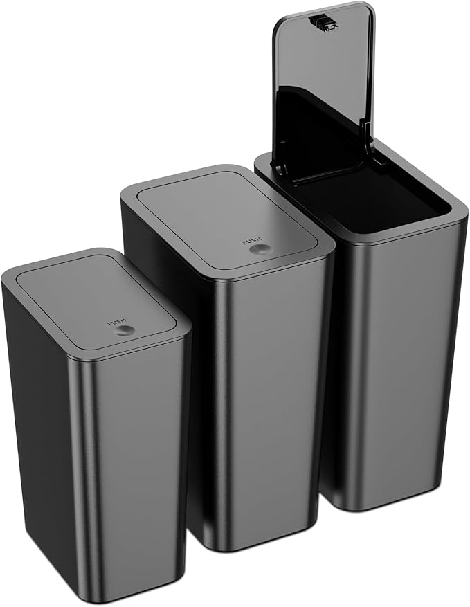 N. NETDOT 3 Pack (2 of 4 Gal &amp 1 of 2.6 Gal) Small Trash Can with LidBathroom Garbage Can with Pop-Up LidWaste Basket for BathroomKitchenBedroomPowder RoomCraft RoomOfficeCollege (Black)