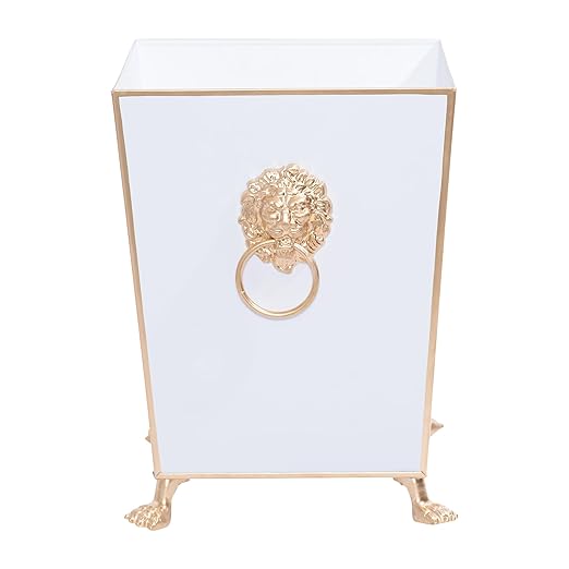 Jaye's Studio Decorative Trash Can for Bathroom Bedroom Wastebasket Office Trash Bin with Feet Hand-Painted White Metal Trash Can No Lid Gold Trim Farmhouse Garbage Can Paws &amp Claws Lion’s H