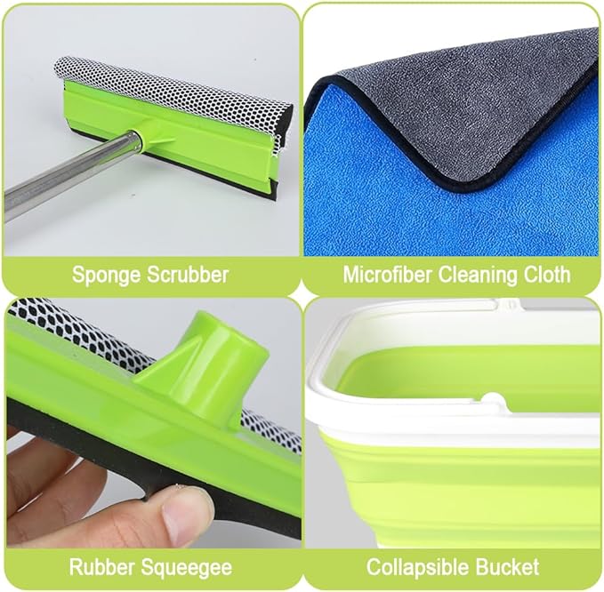 Window Cleaning Kit Squeegee with Bucket for Windshield Cleaning Bathroom Shower Doors Mirrors Tiles and Car Windows (Green)