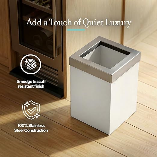 Gatco Small Bathroom Trash Can with Lid Square 3 Gallon Stainless Steel Wastebasket Under Sink Matte Pearl and Satin Nickel for Bathroom Bedroom Office (1935SN)