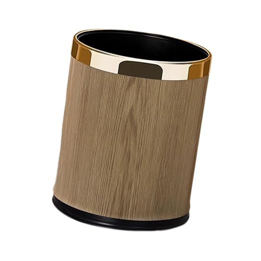 Trash Can Waste Basket PU Leather Stylish Modern Garbage Container Wastebasket for Under Desk Dorm Hotel Bedroom 10L Round Gold