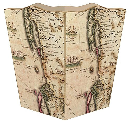 Marye-Kelley-Antique New England Map Wastepaper Basket Decoupage Wood Decorative Wastebasket for Kitchen Bathroom Bedroom Living Room Handmade Made in The USA