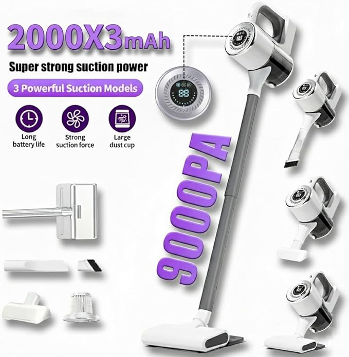 Cordless Stick Vacuum Cleaner 9000PA Powerful Suction 6000mAh Battery Digital Display 3 Suction Modes Lightweight Rechargeable Vacuum for Home Carpet &amp Pet Hair