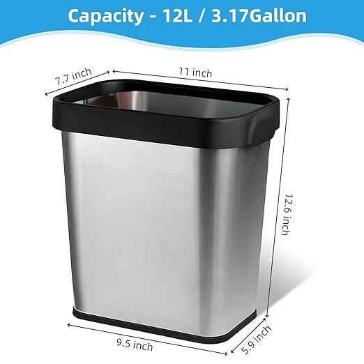 TooCust 2 Pack Stainless Steel Trash Can 3 Gallon Open Top Trash Can 8 x 11 x 13 Rectangle Rubbish Bin Slim and Narrow No Lid Small Wastebasketfor Kitchen Bathroom Living Room Office