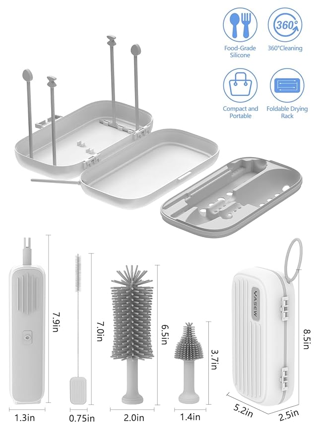Electric Baby Bottle Brush Cleaner for Travel – BPA-Free Silicone One-Button 360° Deep Cleaning 2000mAh Rechargeable Portable Bottle Cleaning Kit with Storage Box for Home &amp On-The-Go (Grey)