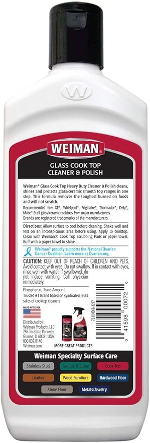 Weiman Glass Cooktop Heavy Duty Cleaner &amp Polish - Shines and Protects Glass/Ceramic Smooth Top Ranges with its Gentle Formula - 15 Oz.