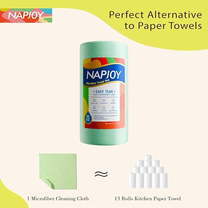 Napjoy Microfiber Cleaning Cloth Roll 75PK Easy Tear Away Reusable Paper Towels 12 x 12 Lint-Free and Scratch-Free with Patented Fiber Technology Microfiber Towel Roll Green