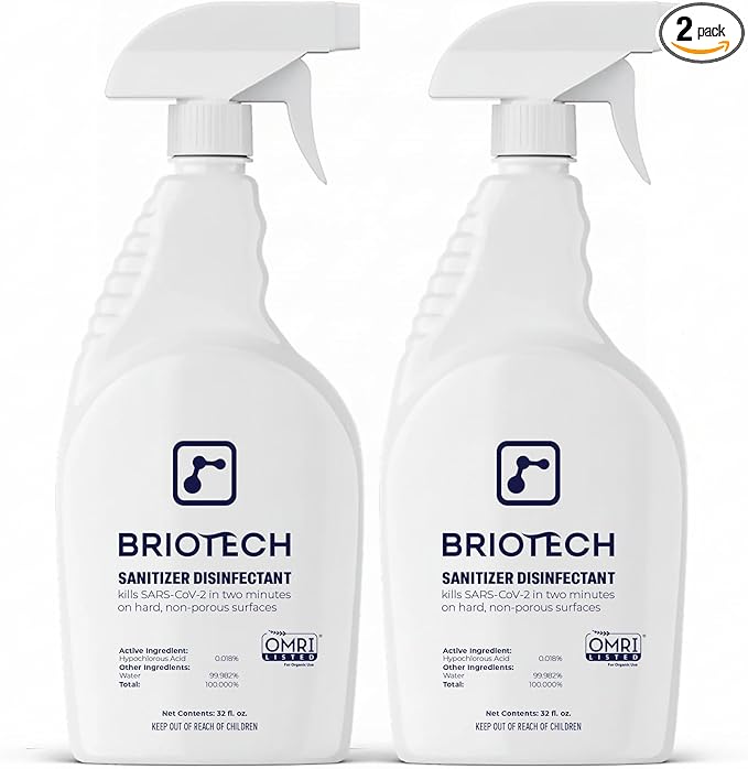 BRIOTECH Sanitizer Disinfectant Hypochlorous Spray Kills 99.99% of Viruses &amp Bacteria Eliminates Odor Gentle for Nurseries &amp Play Rooms Rinse Free Surface Sanitizer 32 fl oz (Pack of 2)