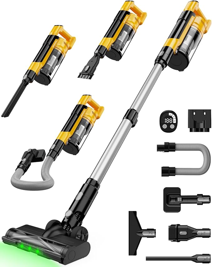Cordless Vacuum Cleaner Compatible with DeWalt 20V Battery 8-in-1 Stick Vacuum with Pet Brush 35KPA Suction 350W Brushless Motor Smart Touchscreen for Carpet Floor Car (Battery Not Included)