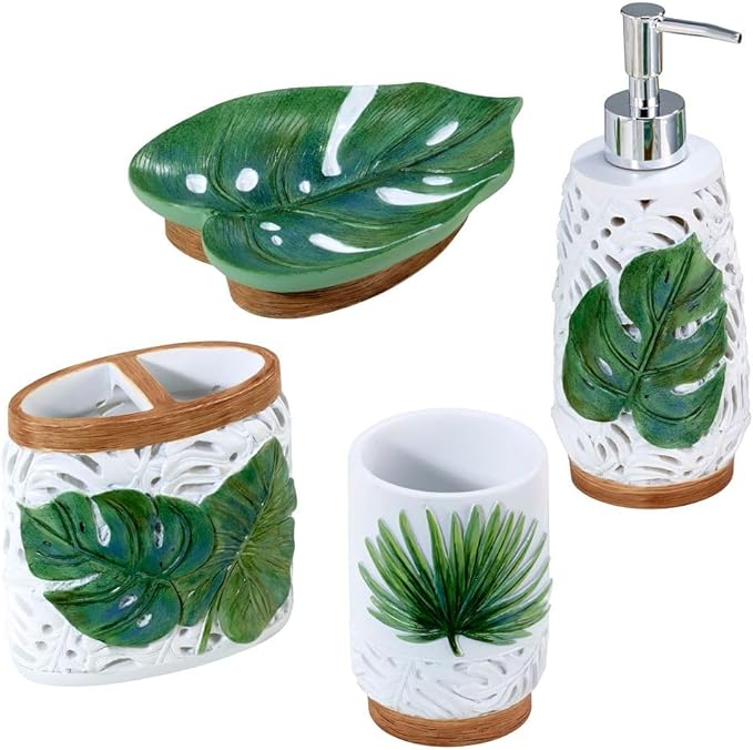 Avanti Linens - Accessory Set Resin Tumbler Toothbrush Holder Soap Dish &amp Lotion Pump/Soap Dispenser Tropical Bath Decor (Viva Palm Collection White)