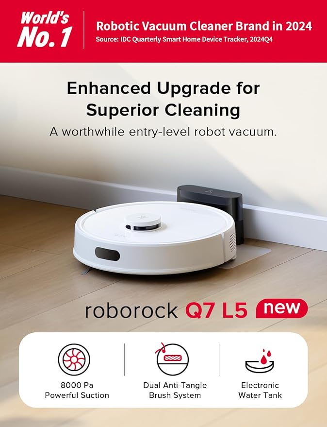 roborock Q7 L5 Robot Vacuum and Mop Combo 8000Pa Suction Upgraded from Q5 Pro Dual Anti-Tangle System LiDAR Navigation No-Go Zones Self-Charging Robotic Vacuum Cleaner White