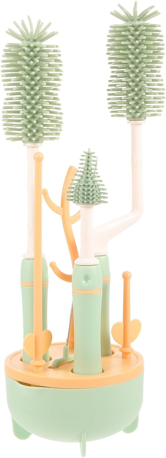 Multifunctional Bottle Brush Set with Extra Long Handle and Stand for Cleaning Milk Bottles and Straws Green Suitable for Feeding
