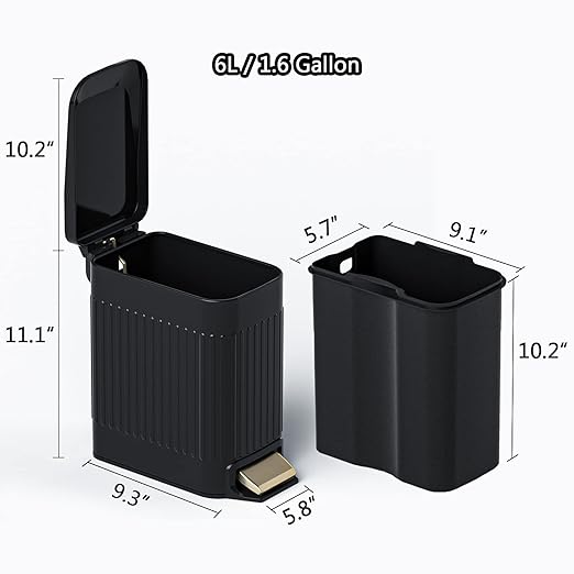Small Bathroom Trash Can with Lid Soft Close-6L/1.6 Gal Slim Step Garbage Can-Metal Pedal Wastebasket-Narrow Rectangle Garbage Container Bin for Corner Office Bedroom Toilet Live Room-Black