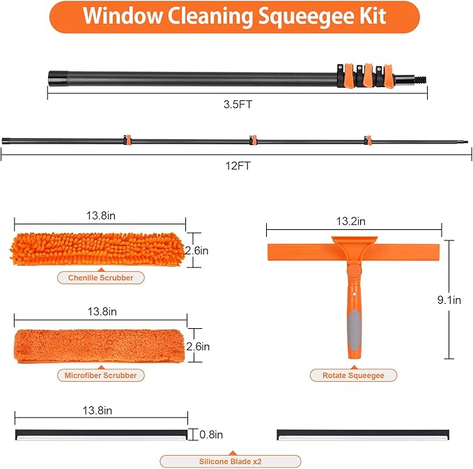 Window Squeegee with Carbon Fiber Extension Pole for Home 3.5 to 12Ft Window Cleaning Kit Tool Outdoor Lightweight Professional Window Washing Kit with Rotatable Head &amp 2 Scrubbers 2 in 1