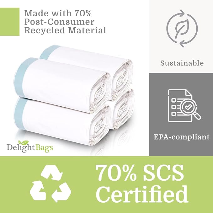 Compatible with Simplehuman Code H 200 Count Eco-Friendly White Drawstring Trash Bags Made in the USA with 70% CERTIFIED Post Consumer Material (Code H)