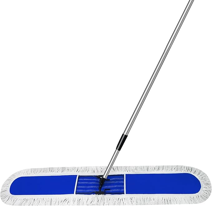 48 inch Commercial Dust Mop for Hardwood Floors Large Size Dry Mop Reusable Cotton Yarn Head Telescopic Stainless Steel Handle Industrial dust mops for Floor Cleaning Marble Blue