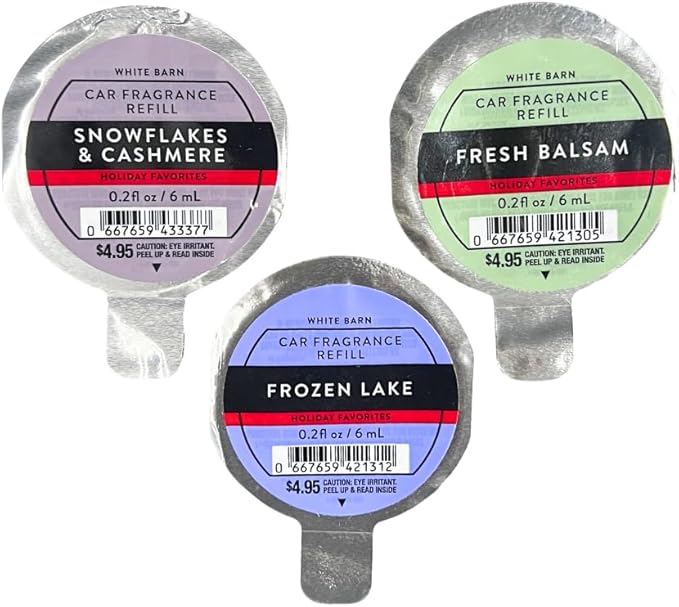 Bath &amp Body Works SNOWFLAKES &amp CASHMERE FROZEN LAKE &amp FRESH BALSAM Car Fragrance Refill 3-Pack – 0.2 fl oz Each – Winter &amp Holiday Scents – Gift set with 20-Inch Metallic Silver Ribbo