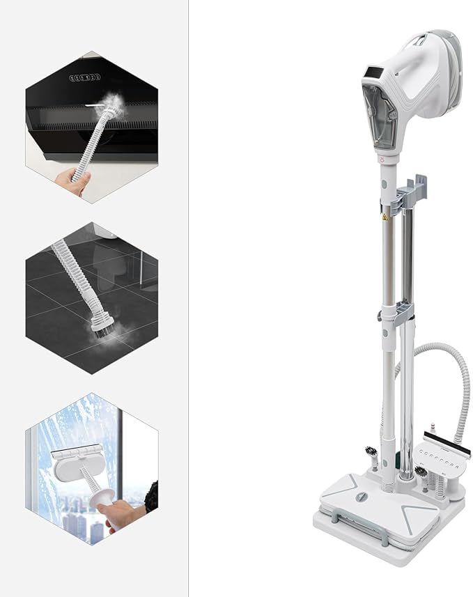 Steam Mop Cleaner 1300W Electric Steam Mop with Cord Wrap Box and Clean Kit 2 Steam Levels Adjustable Handheld Steam Cleaner for Living Room Kitchen Bedroom White+Silver 120V 140°C