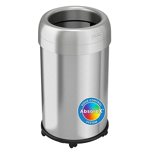 iTouchless 13 Gallon Open Top Kitchen Trash Can Recycling Bin with Wheels and Double Odor Filters Round Commercial Stainless Steel 50 Liter Trashcan for Home Office Work Bedroom Livingroom Garage