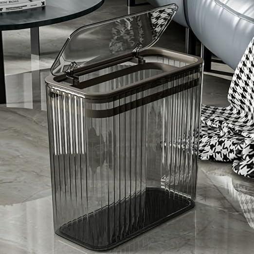 Transparent Trash Can Bathroom Trash Cans with Lids 3.5 Gallon Garbage Can for Bedroom Office Plastic Slim Waste Basket with Press Top Lid 15L Clear Trash Bin for Home Kitchen (Gray)