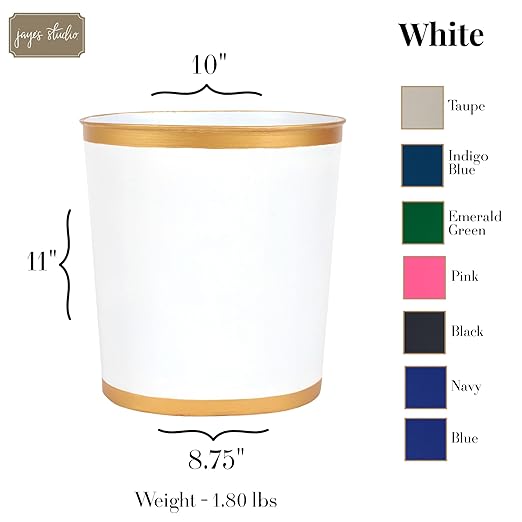 Jaye's Studio Mattie Decorative White and Gold Bathroom Trash Can Metal Waste Basket Modern Luxury Trash Bin for Bedroom Dorm Room Office Garbage Can Oval Decorative Trash Bins (12 x 10 x 8)