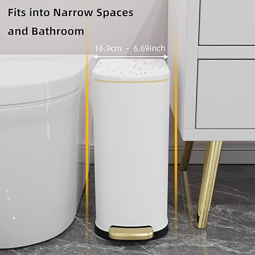 2.6 Gallon Slim Bathroom Trash Can with Soft Close Lid 10L Stainless Steel Garbage Can with Removable Liner Bucket for Narrow Spaces Bathroom Bedroom (White)