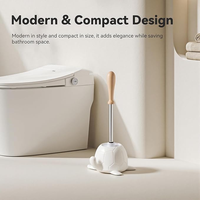 Turtle Base Toilet Brush and Holder Set - Ceramic Toilet Bowl Cleaner Brush DIY-Paintable Toilet Base Bathroom Brush for Home &amp Commercial Use - White