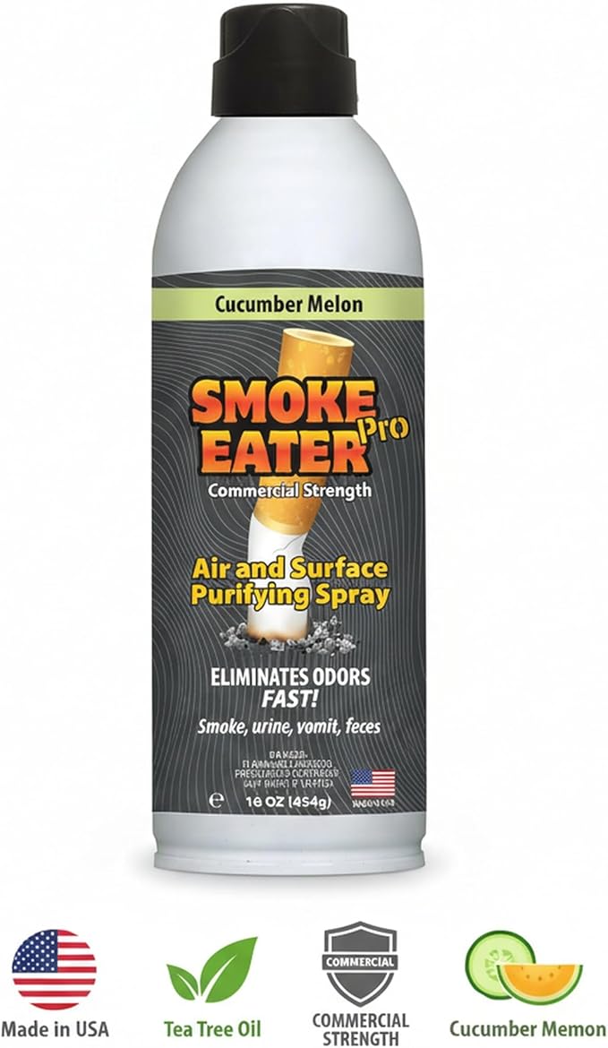 Smoke Eater Pro 16 oz Odor Eliminator Spray — Commercial Strength for Smoke Pet Urine and Cooking Odors — Air and Fabric Deodorizer with Tea Tree Oil — Made in USA (Cucumber Melon)