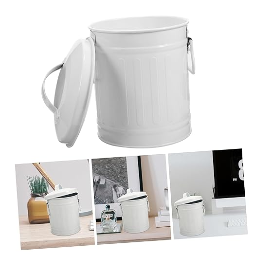 Tofficu Cartoon Trash Can for Desktop Metal Wastebasket Lid Handle for Home Office Living Small Iron Trash Bin