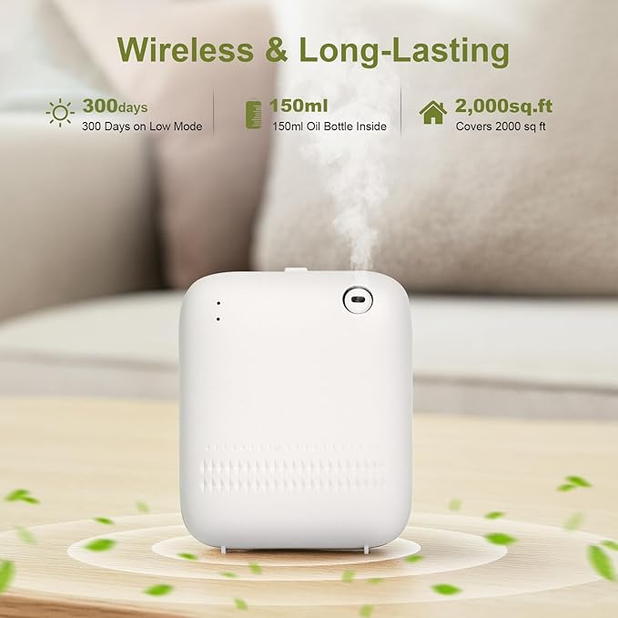 Waterless DiffuserWireless Essential Oil Battery Operated2000 Sq FtSafety LockQuietBluetooth AppHotel Home Collection Scent Machine - White