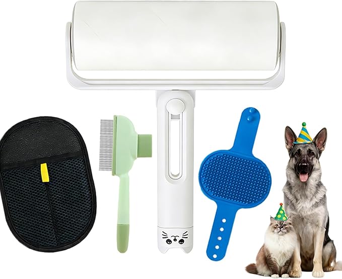 2026New 4-in-1 Pet Hair Removal Kit - Refillable Lint Roller + Self-Cleaning Deshedding Comb + Electrostatic Glove + Soft Rubber Bath Brush Multi-Surface Hair Remover for Cats/Dogs/Clothes/Yellow