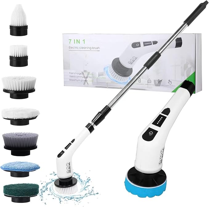 Electric Spin Scrubber with 7 Replaceable Brush HeadShower Scrubber with Long Handle7 in 1 Cordless Cleaning BrushPower Shower Scrubber for Bathroom Tub Tile Floor Kitchen WindowBlack