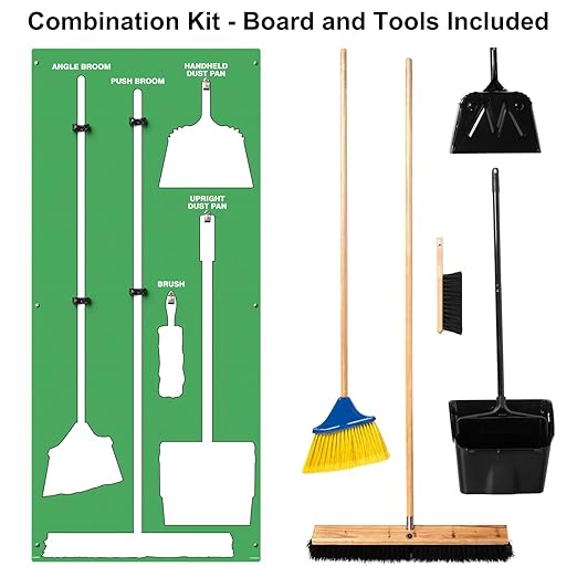 Clean &amp Sweep 5S Shadow Board/Wall Mount Broom Holder 68 x 30 Board 5S Cleaning Station - with Broom and Dustpan Set Included Made in The USA by AccuformNMC Green/White PSB116GNWT