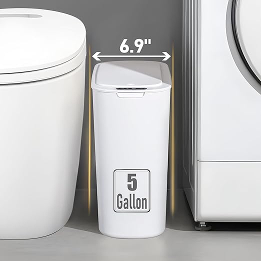 TIPGO 5 Gallon Motion Senor Bathroom Trash Can with Lid Automatic Garbage Can Touchless Smart Plastic Waste Basket for Narrow Spaces Bathroom Office Bedroom Living Room (White)