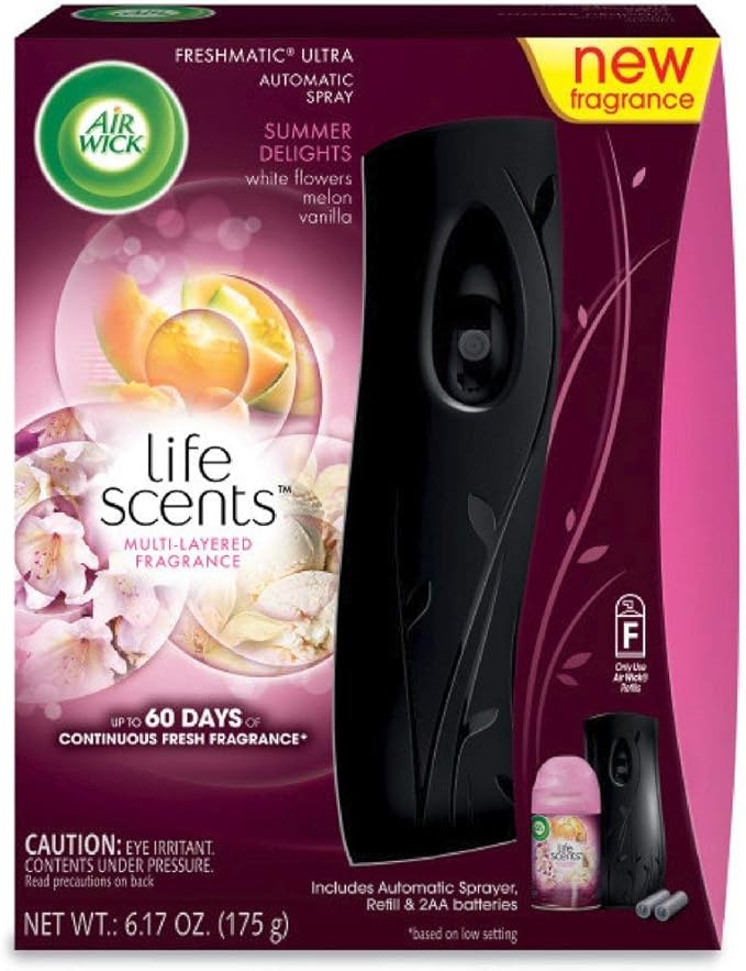 Air Wick Life Scents Automatic Air Freshener Spray Starter Kit Summer Delights with White Flowers Melon &amp Vanilla Scent 1 Count (Pack of 6)