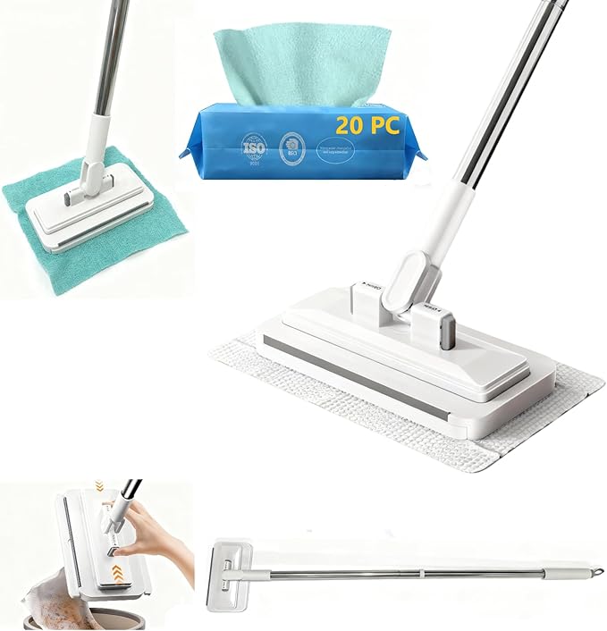 No Wash Cloth Changing Mini Mop | Automatic Click on Lazy Mops for Kitchen Counter with Snap-Grip System Multi Surface Floor Cleaning (1 mop + 20 Cloths)