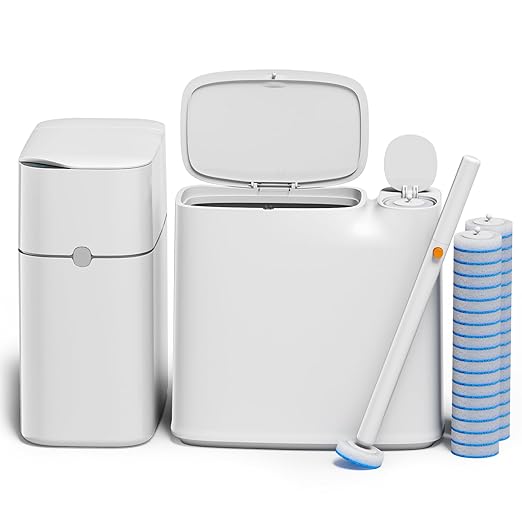 CTIME Family Bathroom Trash Can Set Includes a 2-Gallon Clean Trash Bin with a Toilet Brush 12 pre-Soaked Disposable Brush Heads a Small Bathroom Trash Can with Lid and a Smart Trash can.