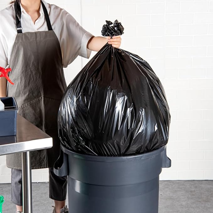 Restaurantware RW Clean 55 Gallon Trash Bags 100 Light-Duty Garbage Can Liners - Fits 55-60 Gallon Trash Cans Stretchable Black Plastic Bin Liners With Star Seal Bottom