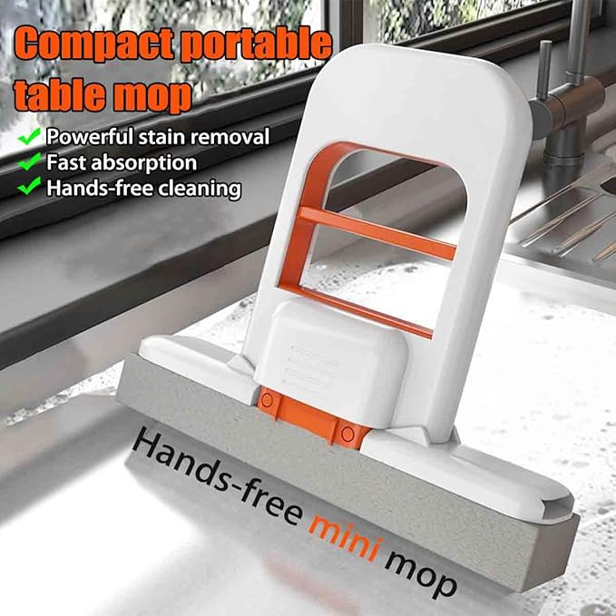 Mini Foldable Desktop MopSelf-Squeeze Portable Sponge MopWet and Dry Use Cleaning SystemOne-Hand Squeeze Handle Cleaning ToolNo-wash Small Mops for Bathroom Kitchens Desktop Glass (2pcs)