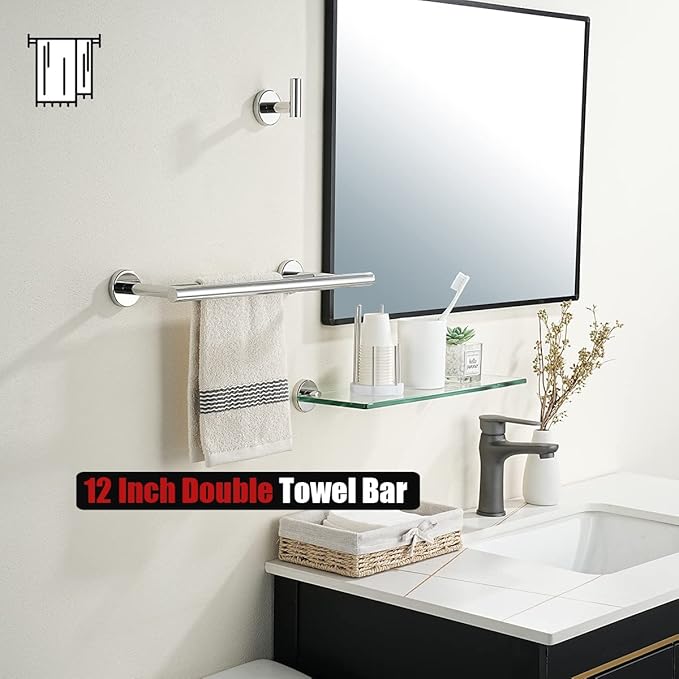 JQK Double Towel Bar Chrome 15 Inch 304 Stainless Steel Thicken 0.8mm Towel Rack Holder for Bathroom Washcloths and Hand Towels Polished Steel Wall Mount Useable Length 12 Inch TB100L12-CH