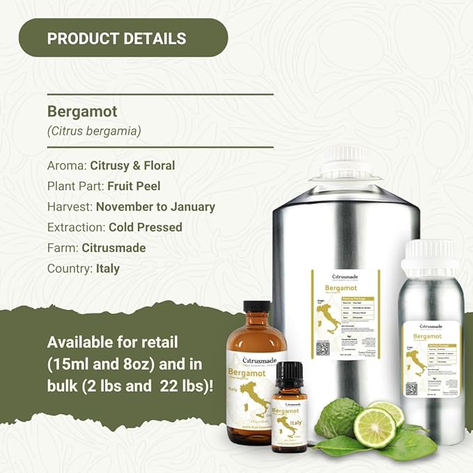 Bergamot Essential Oil - Direct from Citrusmade in Sicily- Pure Essential Oil for Diffusers and Aromatherapy | 100% Pure Therapeutic Grade (8oz)