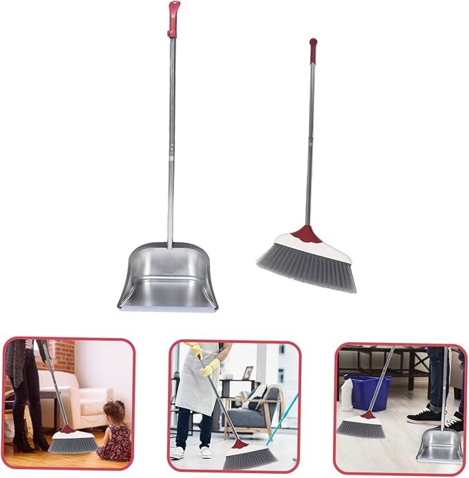 POPETPOP 1set Stainless Steel -Handle Broom and Dustpan for Home Cleaning Ergonomic Design Flexible Bristles Wind Dustpan for Easy Indoor and Outdoor Use